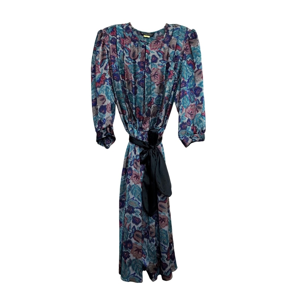 Vintage 80s Striped Midi Dress Womens 14 Multicolor Abstract‎ Pleated Statement